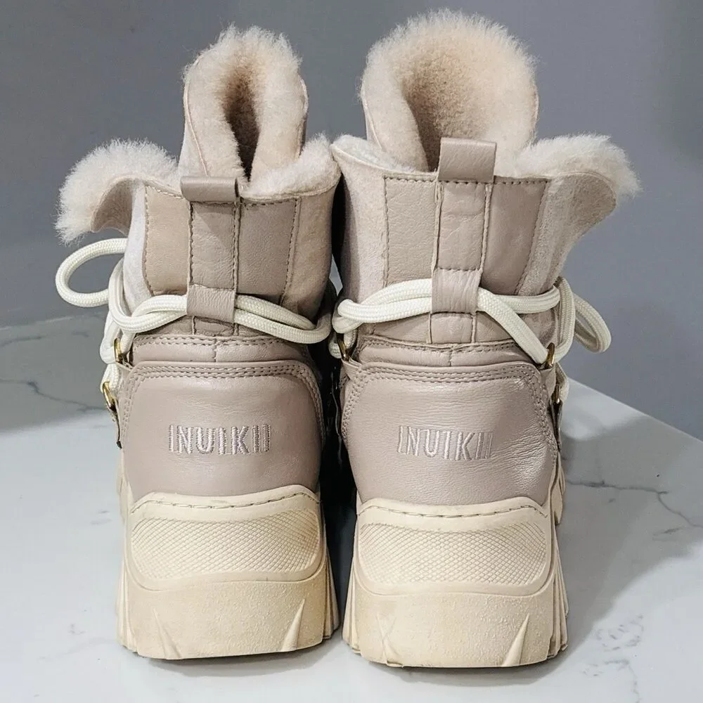 Inuikii Boots Womens 40 Leather Shearling Lined Winter Lace Up Platform Studded